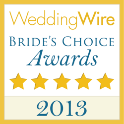 NYX Entertainment and Events 2013 WeddingWire Bride's Choice Award badge with five stars, marking another year of top-rated service.