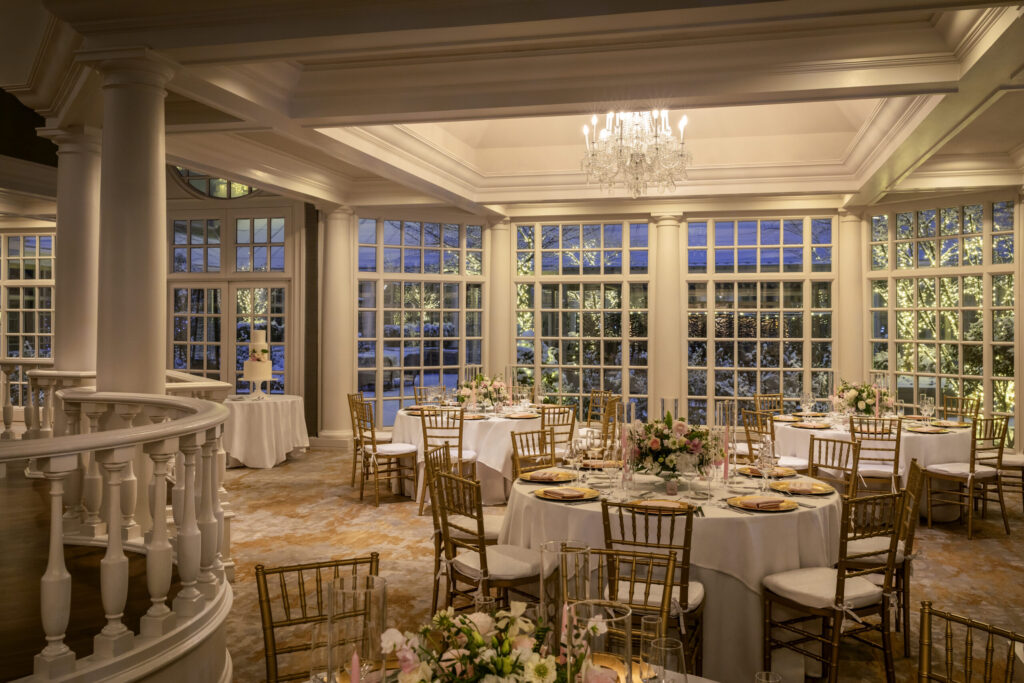 The Colonnade set for dinner with views toward the Courtyard.
