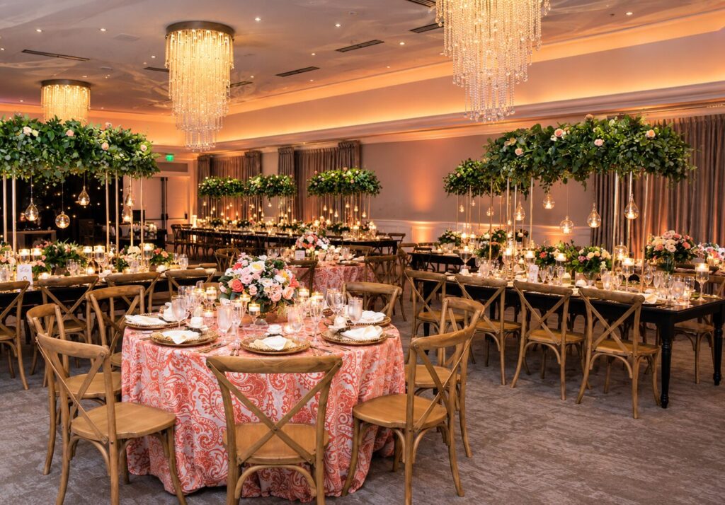 Woodmont Country Club ballroom set for a reception with crystal chandeliers, warm amber uplighting, tall greenery and floral centerpieces, and candlelit tables