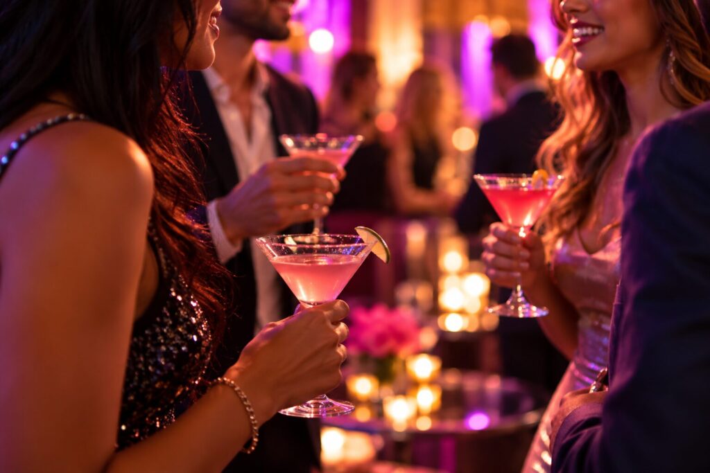 Guests in evening wear holding pink cocktails at a holiday party with warm purple lighting